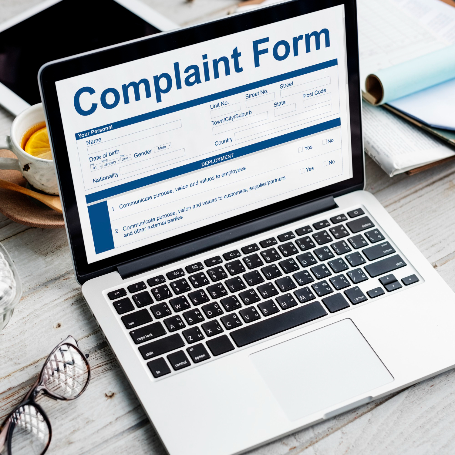 Laptop showing a complaint form on screen